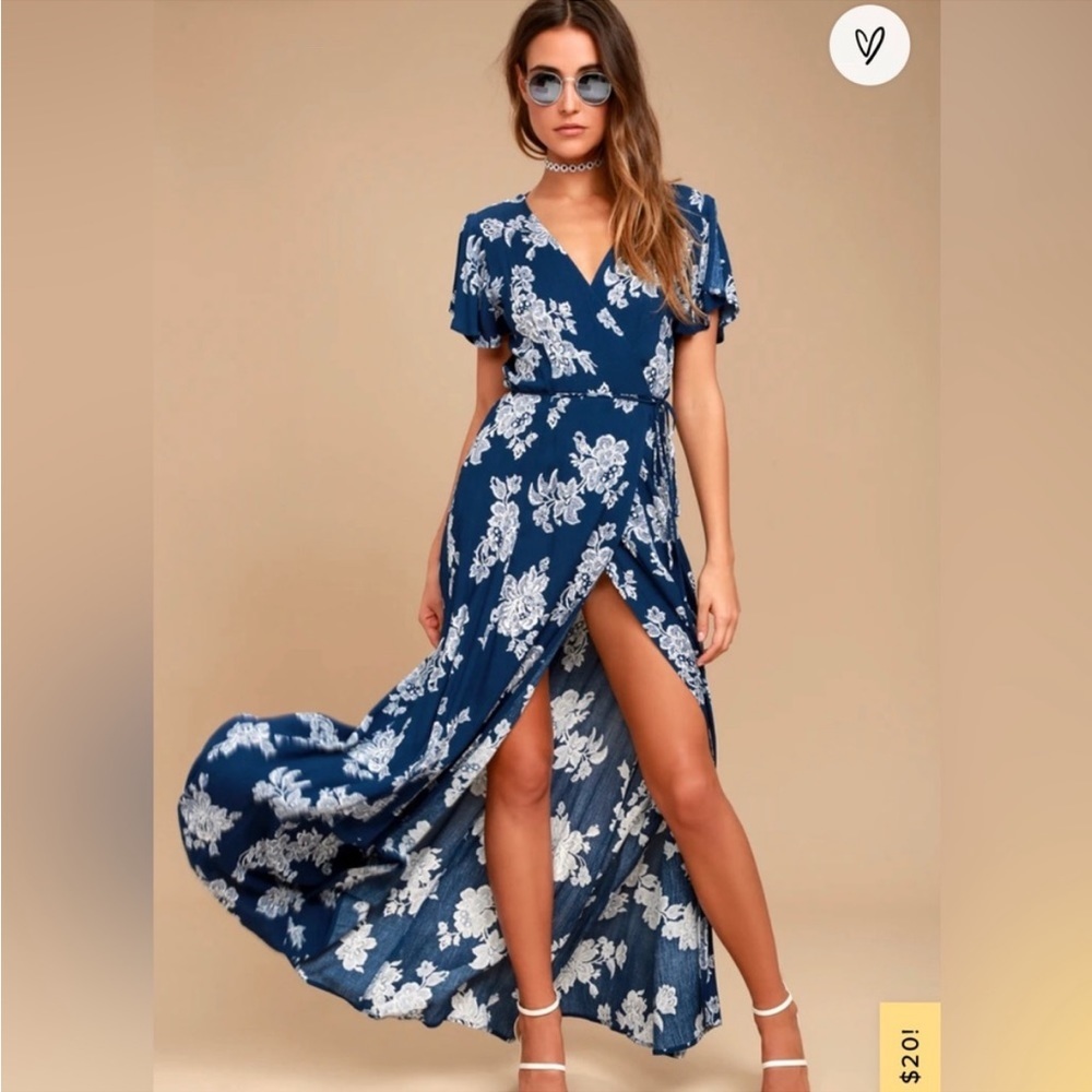 Lulus Heart of Marigold Navy Blue Floral Print Wrap Maxi Dress Size XS